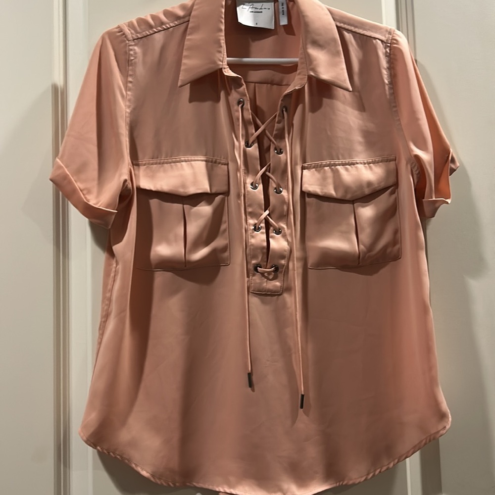 L'Academie LaceUp crisscross Tie Front collar satin feel short sleeve cuff top S